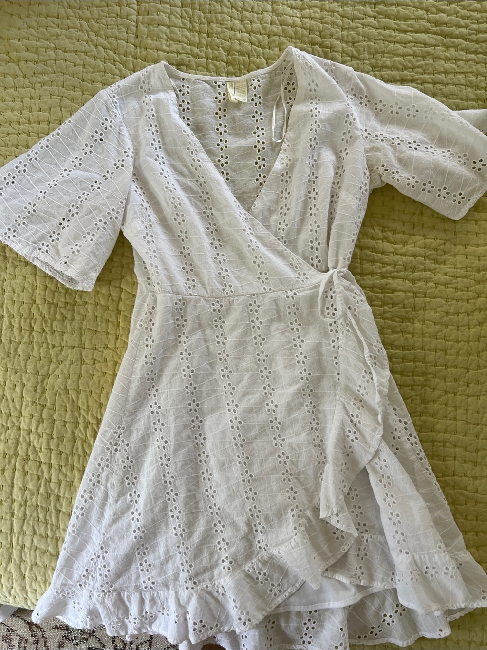 White Eyelet Wrap Mini Dress - Medium